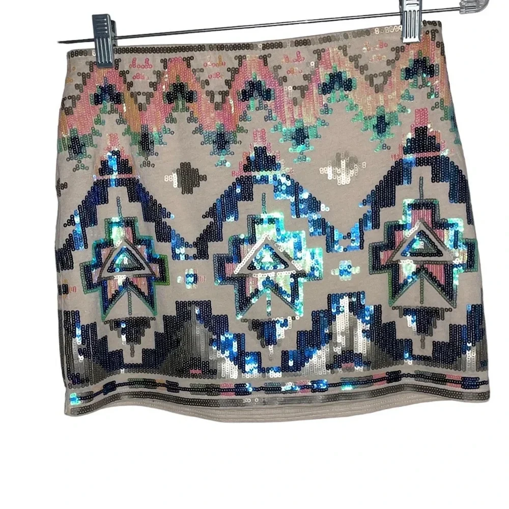 Express Aztec Sequin Tribal Cream Mini Skirt Size XS Colorful Boho Southwestern